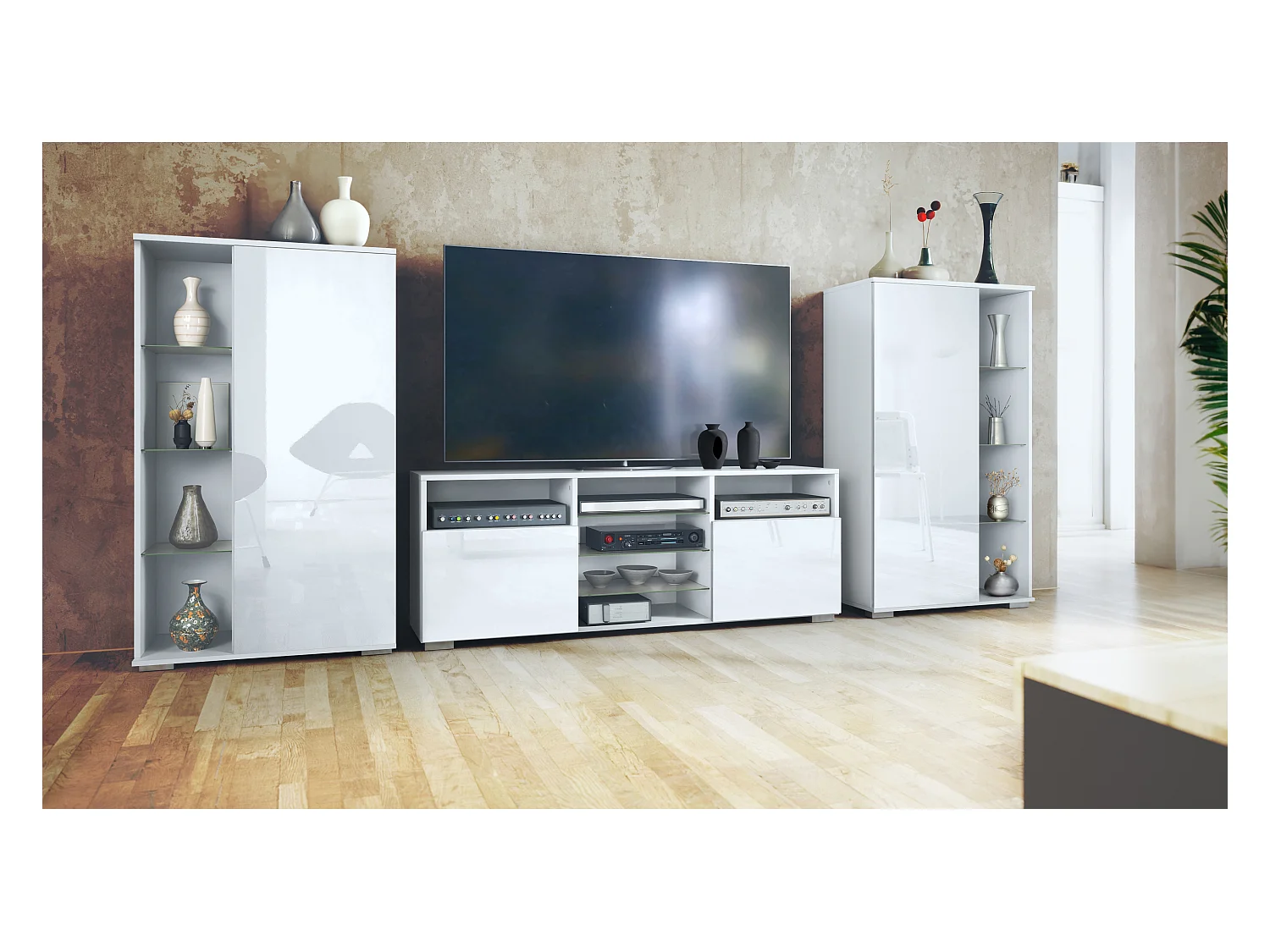 Mobile parete Davos per soggiorno, composto da 2 vetrine e 1 mobile TV, bianco opaco/bianco lucido (329 x 134 x 35 cm)