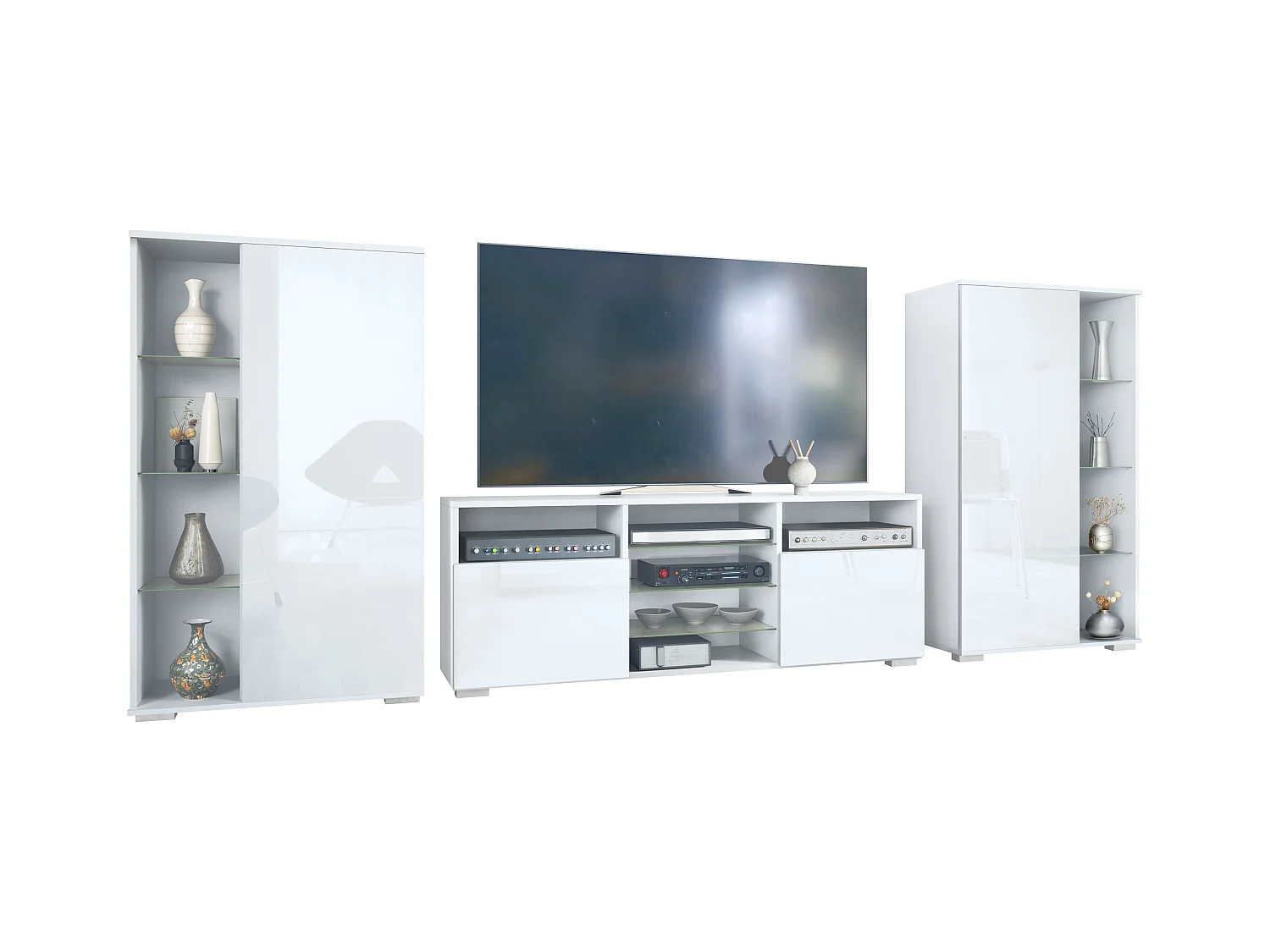 Mobile parete Davos per soggiorno, composto da 2 vetrine e 1 mobile TV, bianco opaco/bianco lucido (329 x 134 x 35 cm)