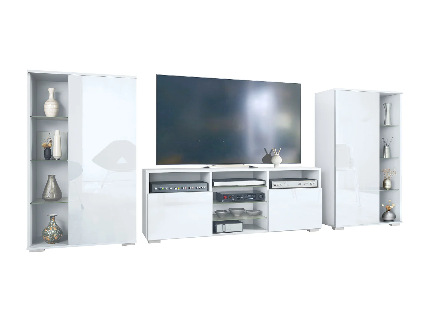 Mobile parete Davos per soggiorno, composto da 2 vetrine e 1 mobile TV, bianco opaco/bianco lucido (329 x 134 x 35 cm)