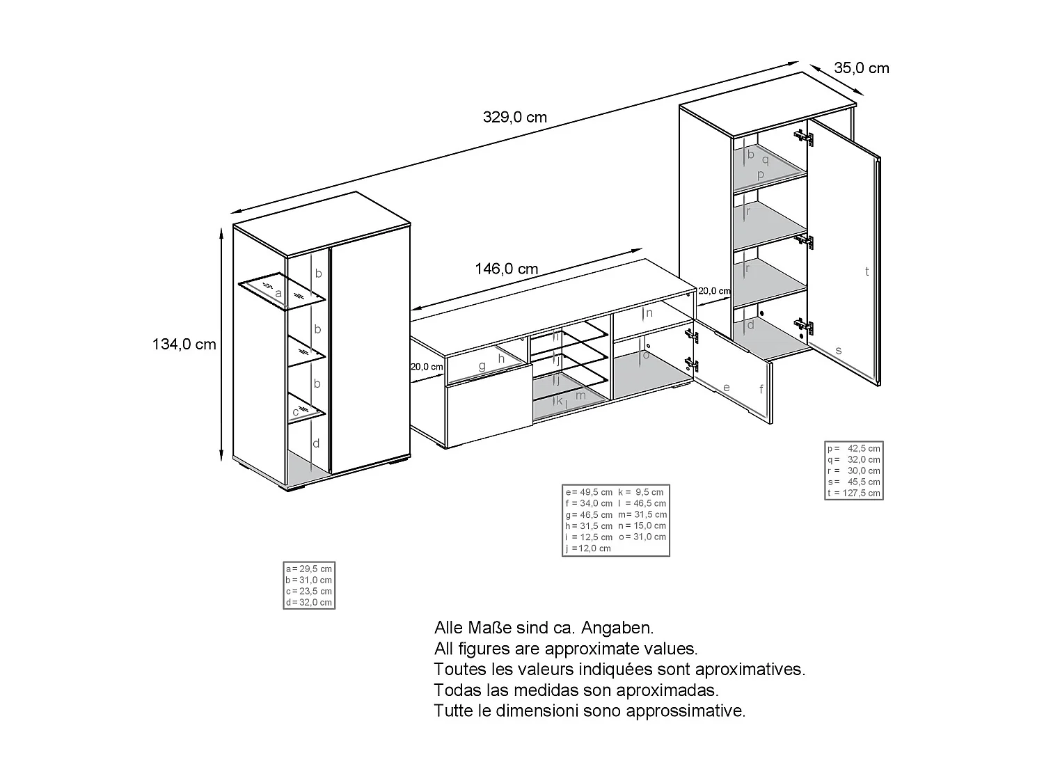 Mobile parete Davos per soggiorno, composto da 2 vetrine e 1 mobile TV, bianco opaco/bianco lucido (329 x 134 x 35 cm)