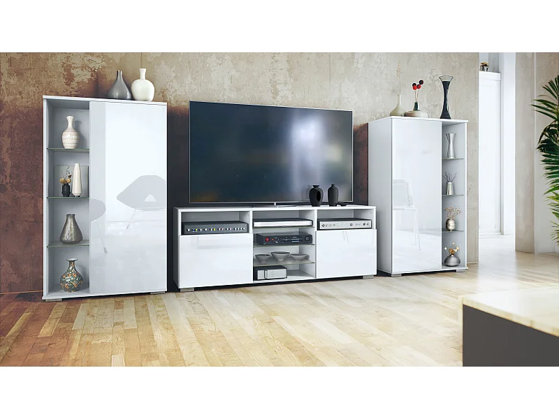 Ensemble mural Davos pour salon, comprenant 2 vitrines et 1 meuble TV, blanc mat/blanc haute brillance (329 x 134 x 35 cm)