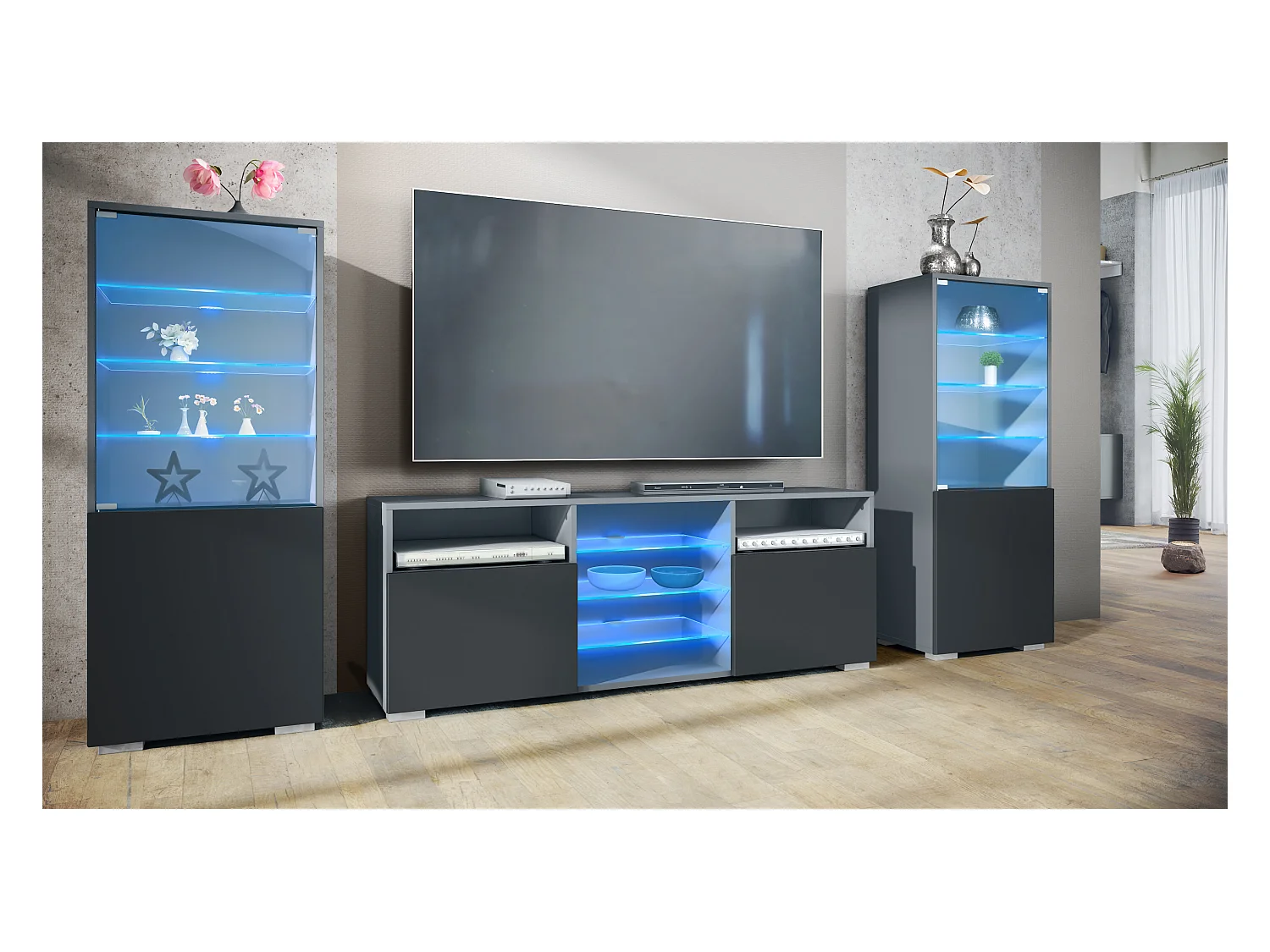 Ensemble mural Granada pour salon, comprenant 2 vitrines et 1 meuble TV, anthracite mat/noir mat éclairage LED inclus (286 x 122,5 x 35 cm)