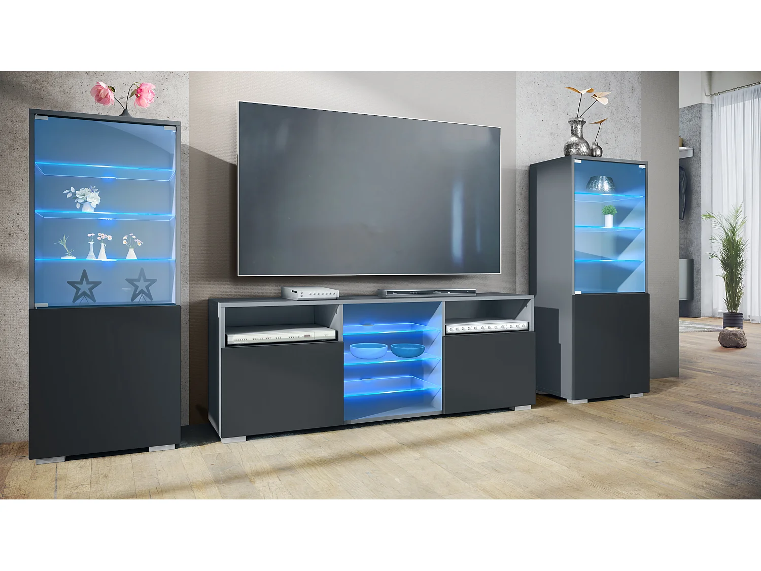 Mueble de pared Granada para sala de estar, compuesto por 2 vitrinas y 1 mueble de TV,antracita mate/negro mate incl. iluminación LED (286 x 122,5 x 35 cm)