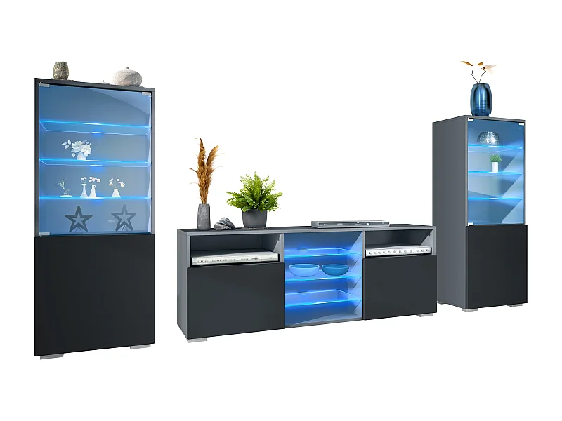 Ensemble mural Granada pour salon, comprenant 2 vitrines et 1 meuble TV, anthracite mat/noir mat éclairage LED inclus (286 x 122,5 x 35 cm)