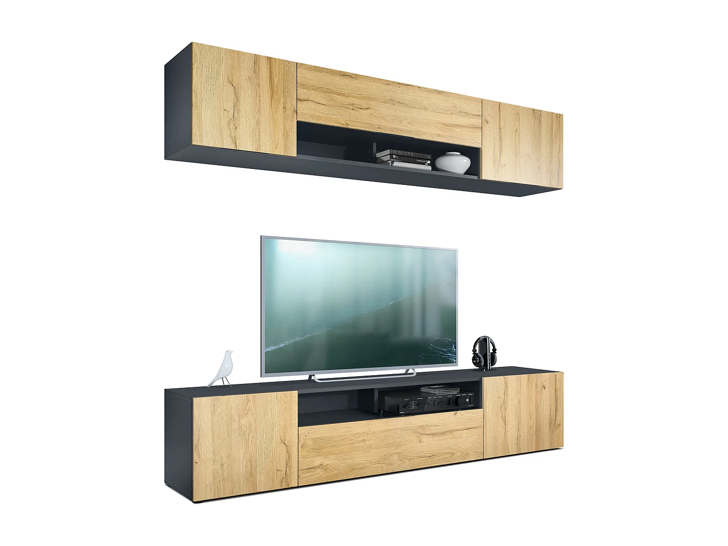 Pensile Mogan con due elementi da 181 x 39 x 35 cm, mobile da soggiorno sospeso con 12 scomparti, struttura in antracite opaco, frontali in rovere naturale.