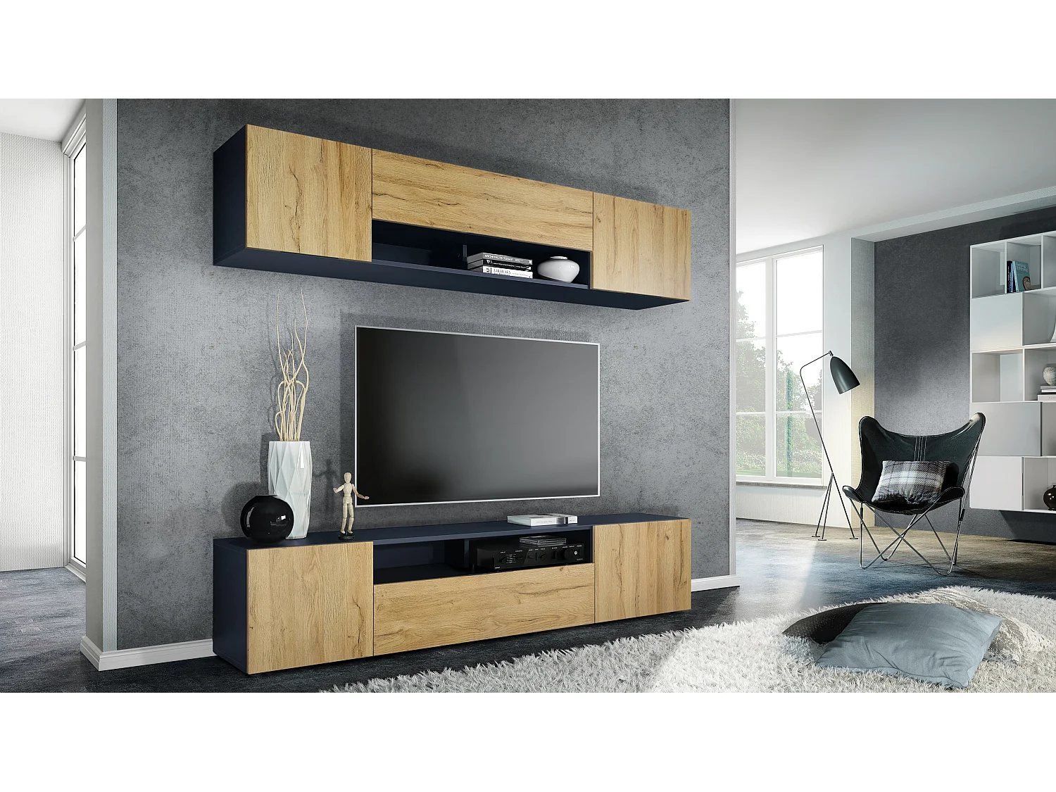 Pensile Mogan con due elementi da 181 x 39 x 35 cm, mobile da soggiorno sospeso con 12 scomparti, struttura in antracite opaco, frontali in rovere naturale.