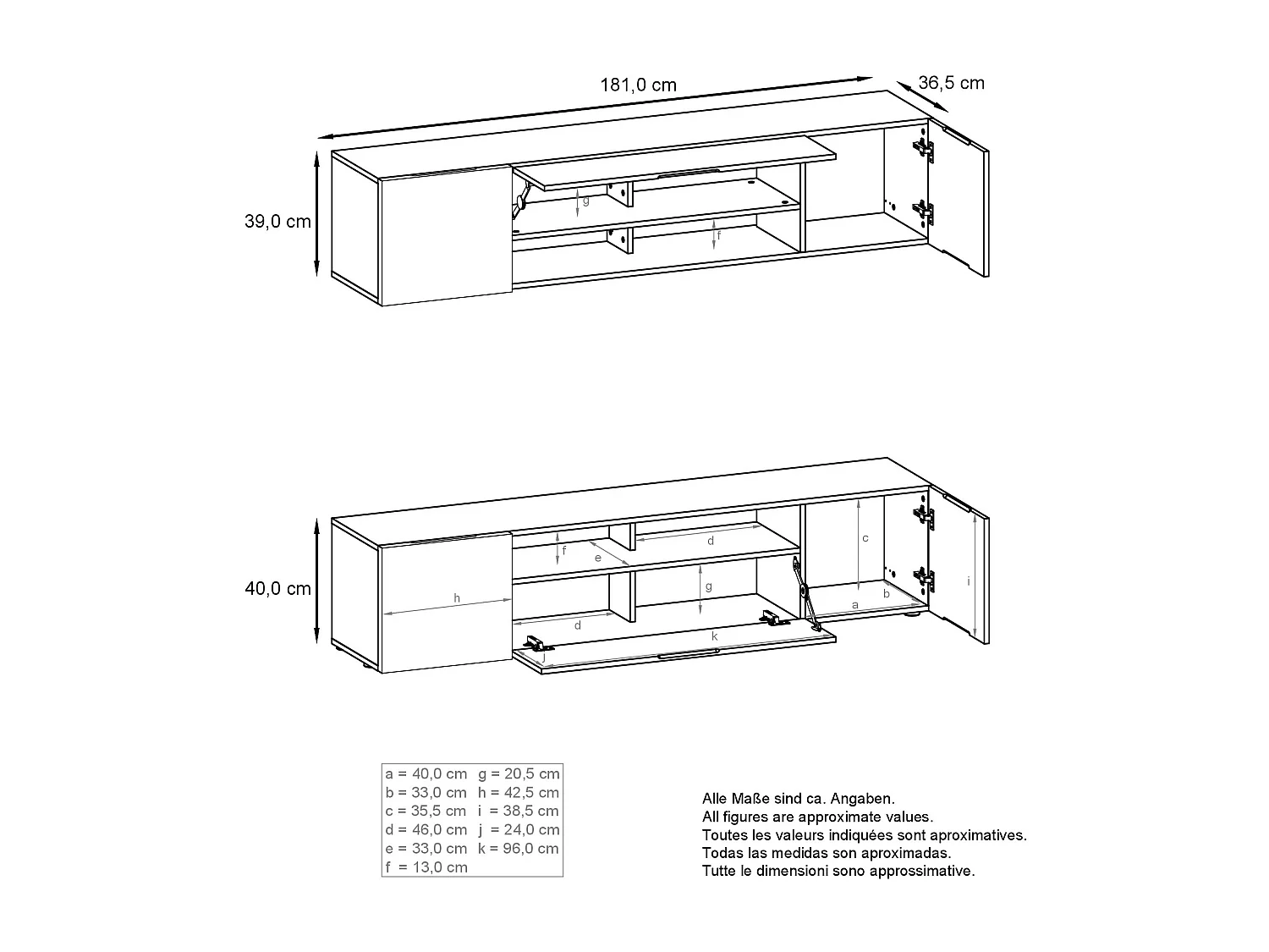 Pensile Mogan con due elementi da 181 x 39 x 35 cm, mobile da soggiorno sospeso con 12 scomparti, struttura in antracite opaco, frontali in rovere naturale.