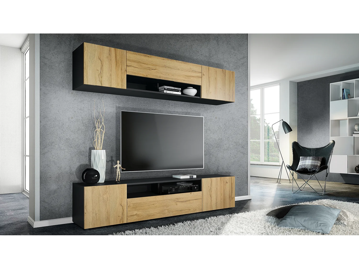 Meuble-paroi Mogan, noir mat/chêne nature - Meuble mural moderne composé de 2 étagères TV (181 x 147 x 35 cm)