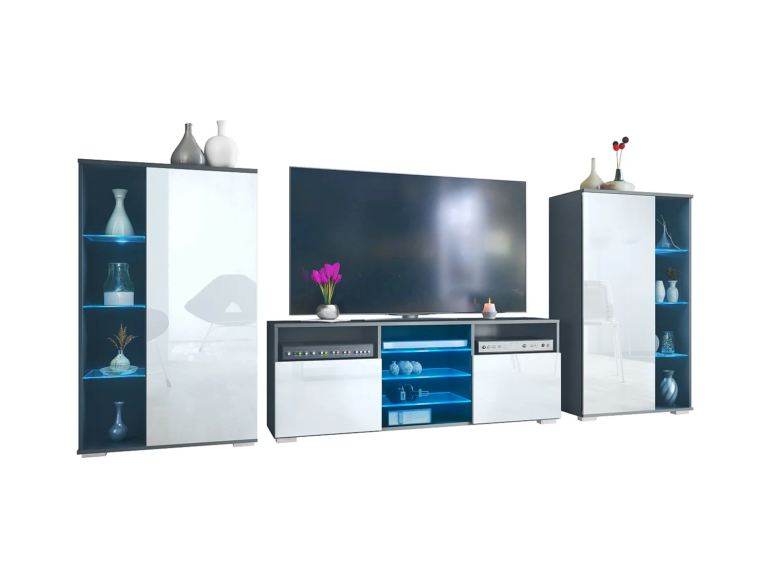 Ensemble mural Davos pour salon, comprenant 2 vitrines et 1 meuble TV, anthracite mat/blanc haute brillance éclairage LED inclus (329 x 134 x 35 cm)