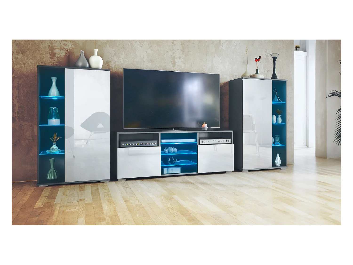 Ensemble mural Davos pour salon, comprenant 2 vitrines et 1 meuble TV, anthracite mat/blanc haute brillance éclairage LED inclus (329 x 134 x 35 cm)