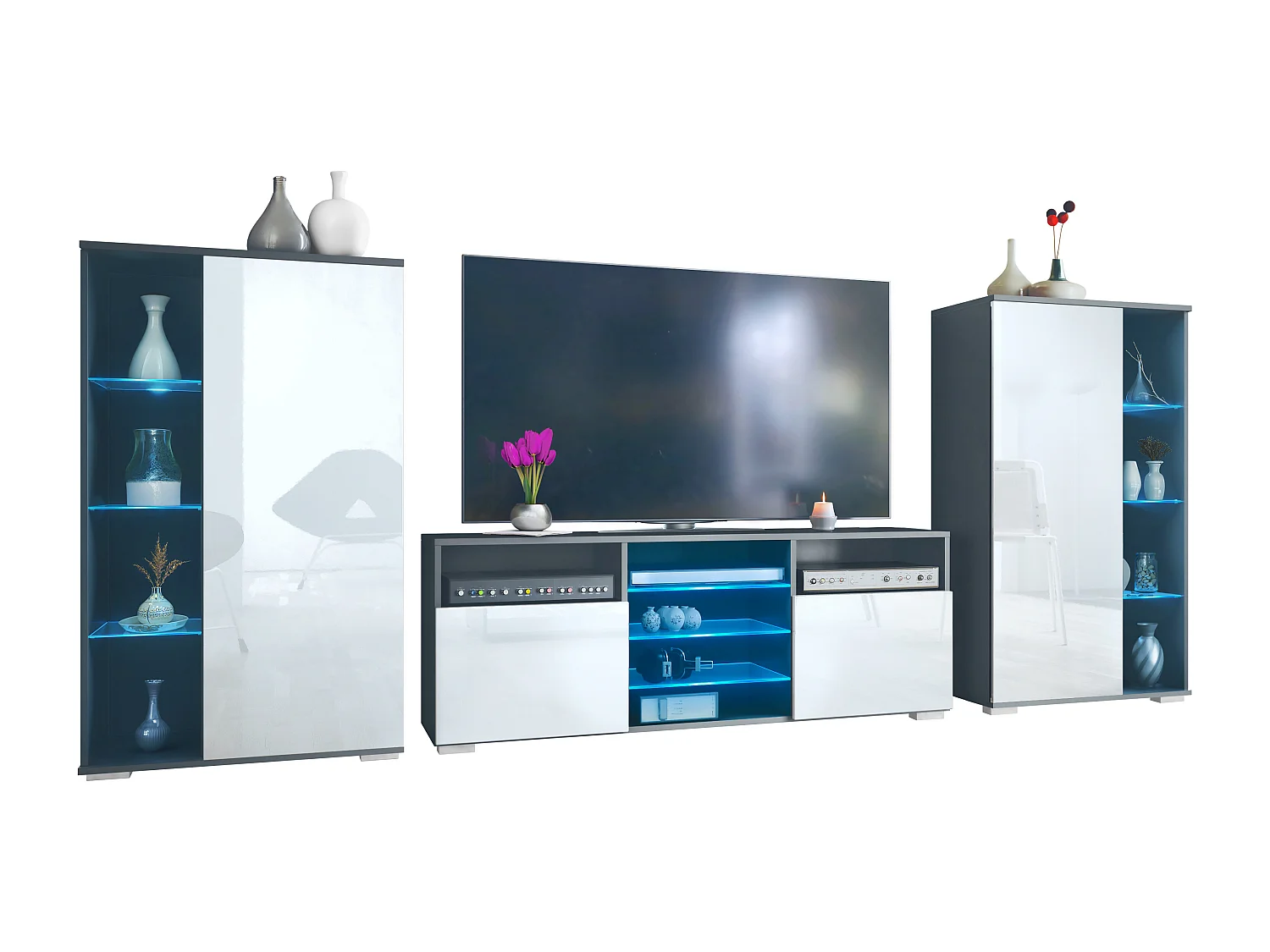 Ensemble mural Davos pour salon, comprenant 2 vitrines et 1 meuble TV, anthracite mat/blanc haute brillance éclairage LED inclus (329 x 134 x 35 cm)