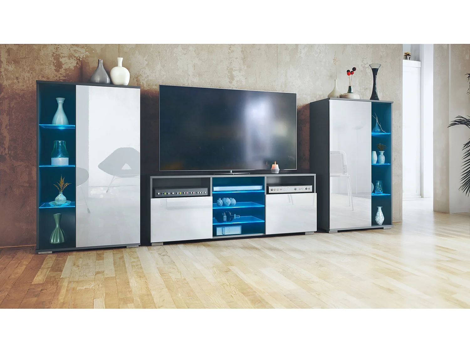 Ensemble mural Davos pour salon, comprenant 2 vitrines et 1 meuble TV, anthracite mat/blanc haute brillance éclairage LED inclus (329 x 134 x 35 cm)