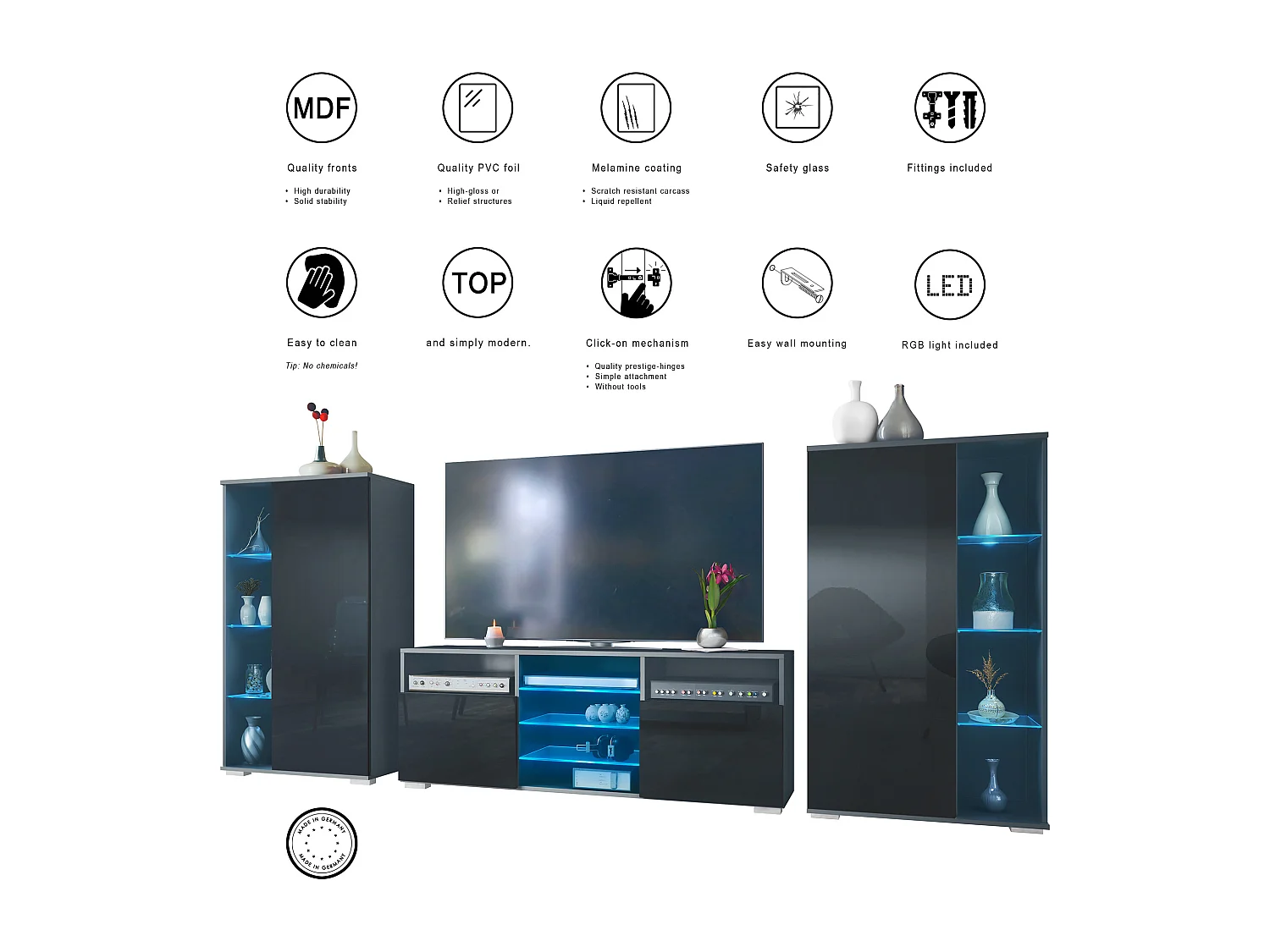 Ensemble mural Davos pour salon, comprenant 2 vitrines et 1 meuble TV, anthracite mat/blanc haute brillance éclairage LED inclus (329 x 134 x 35 cm)