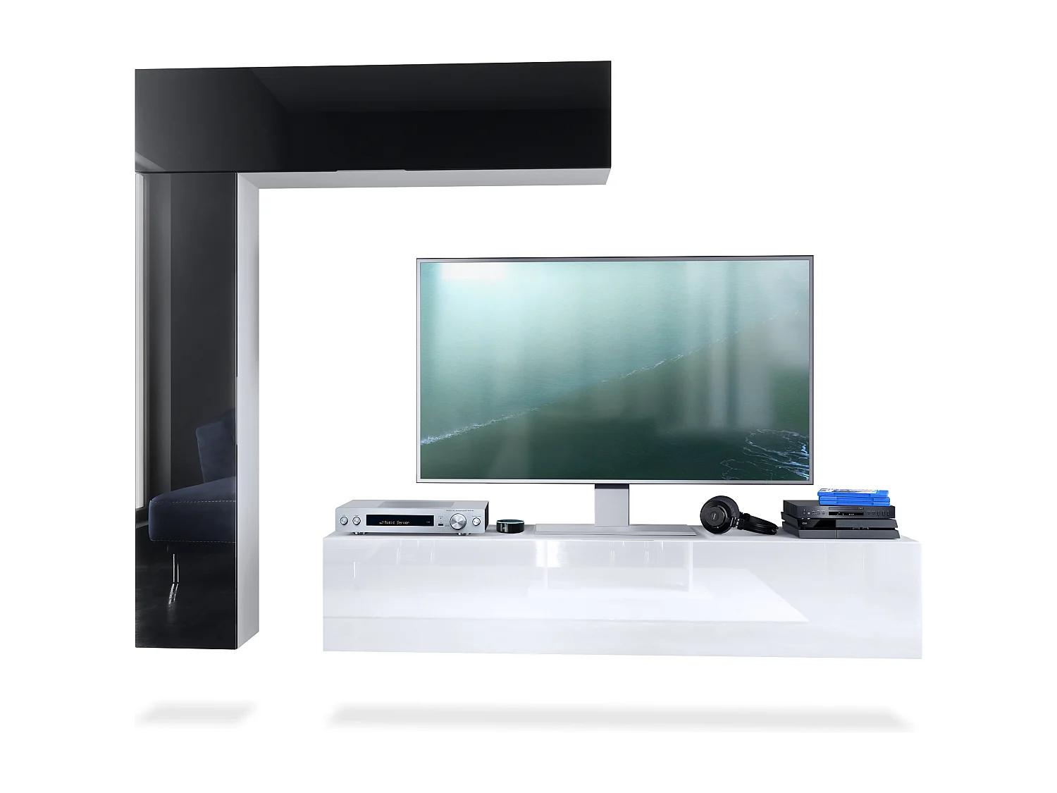 Meuble-paroi Taurito, blanc mat/noir haute brillance - Meuble-paroi moderne pour votre salon (320 x 182 x 39 cm)