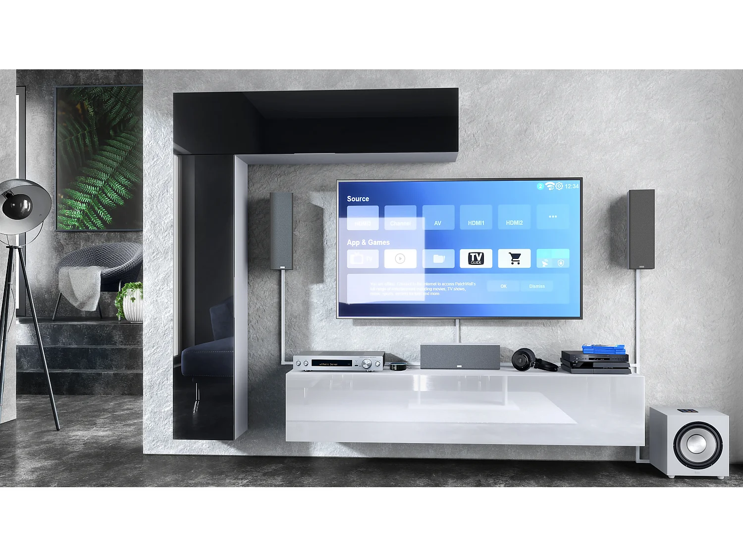 Meuble-paroi Taurito, blanc mat/noir haute brillance - Meuble-paroi moderne pour votre salon (320 x 182 x 39 cm)