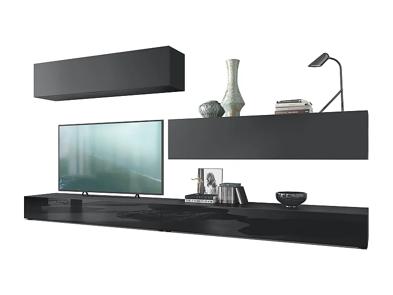 Porta TV  a parete Nublo, struttura in nero opaco / frontali in nero lucido e nero opaco