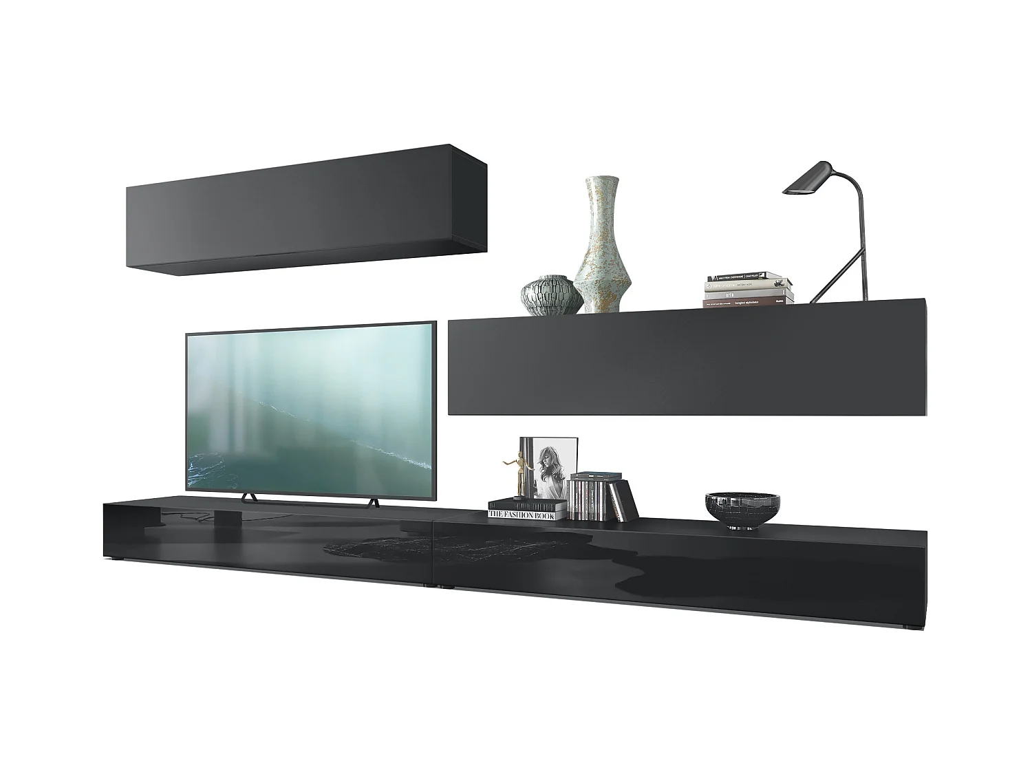 Combinaison murale Armoire Nublo, Corps en Noir mat / Façades en Noir haute brillance et Noir mat