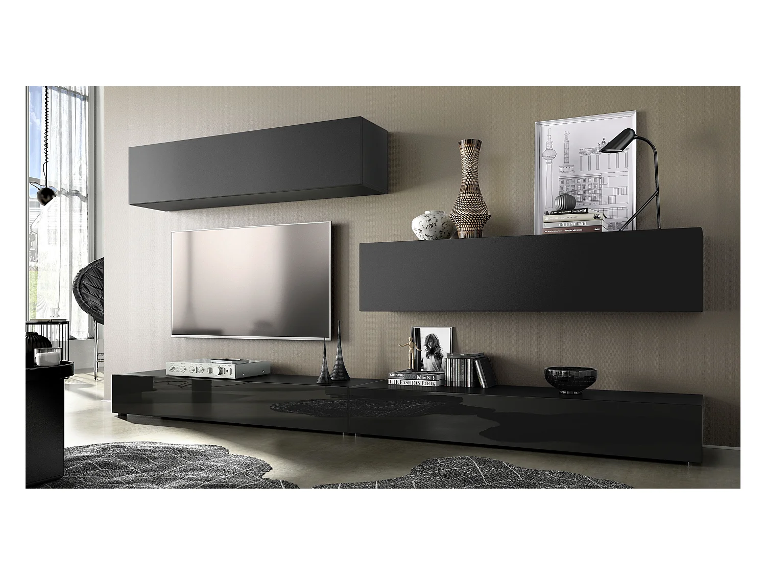 Combinaison murale Armoire Nublo, Corps en Noir mat / Façades en Noir haute brillance et Noir mat