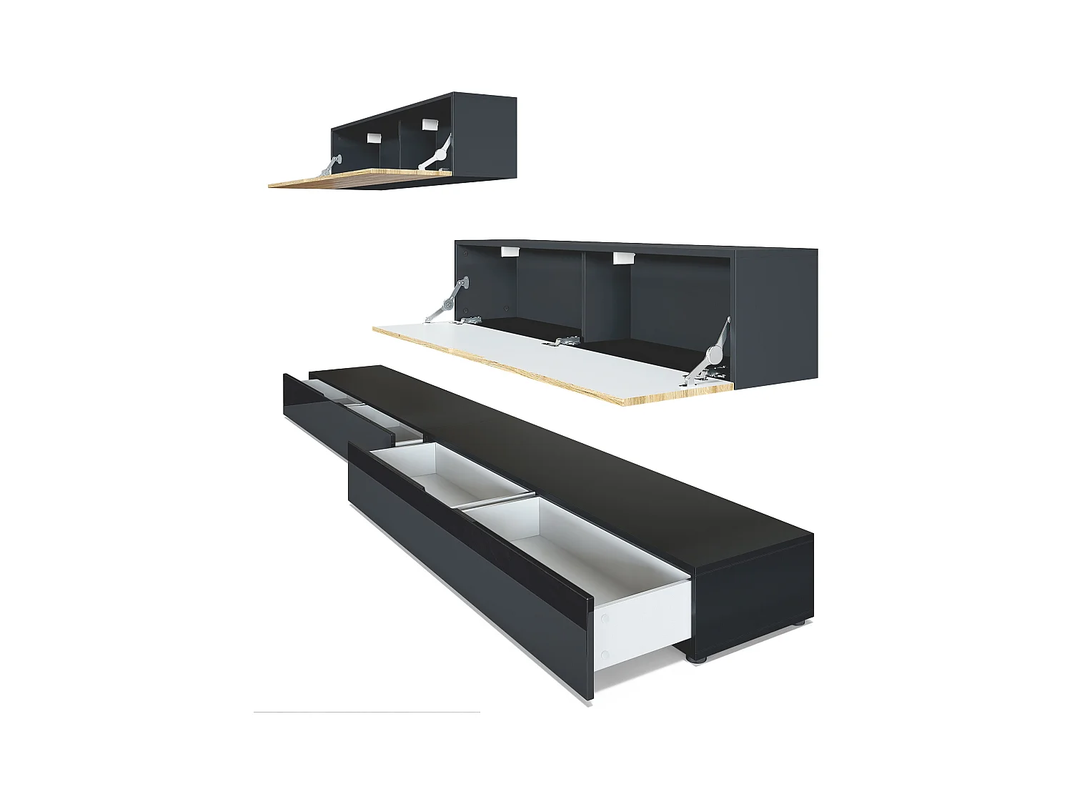 Combinaison murale Armoire Nublo, Corps en Noir mat / Façades en Noir haute brillance et Noir mat