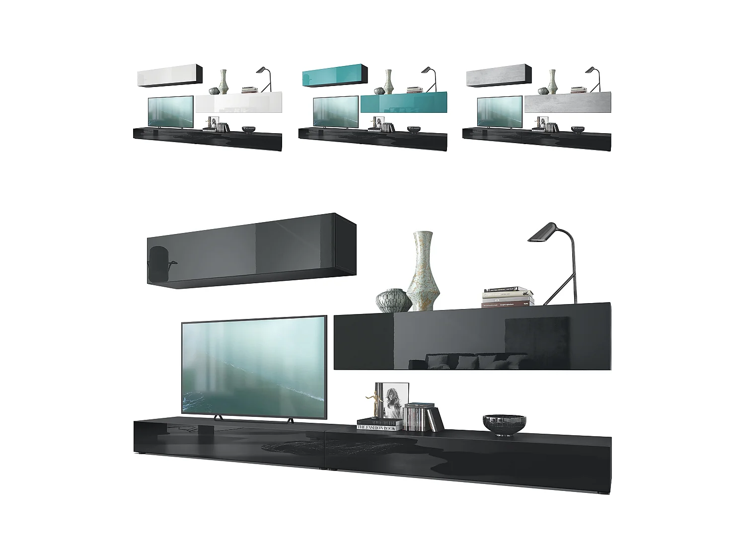 Combinaison murale Armoire Nublo, Corps en Noir mat / Façades en Noir haute brillance et Noir mat