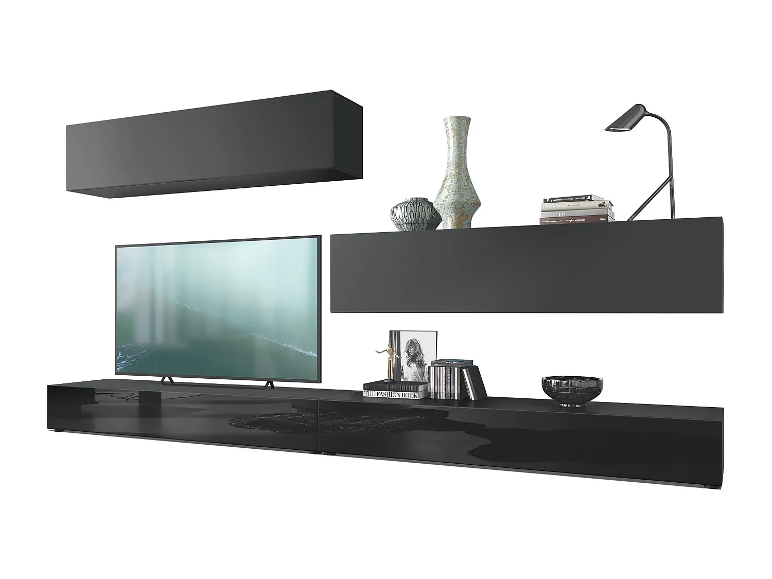 Combinaison murale Armoire Nublo, Corps en Noir mat / Façades en Noir haute brillance et Noir mat