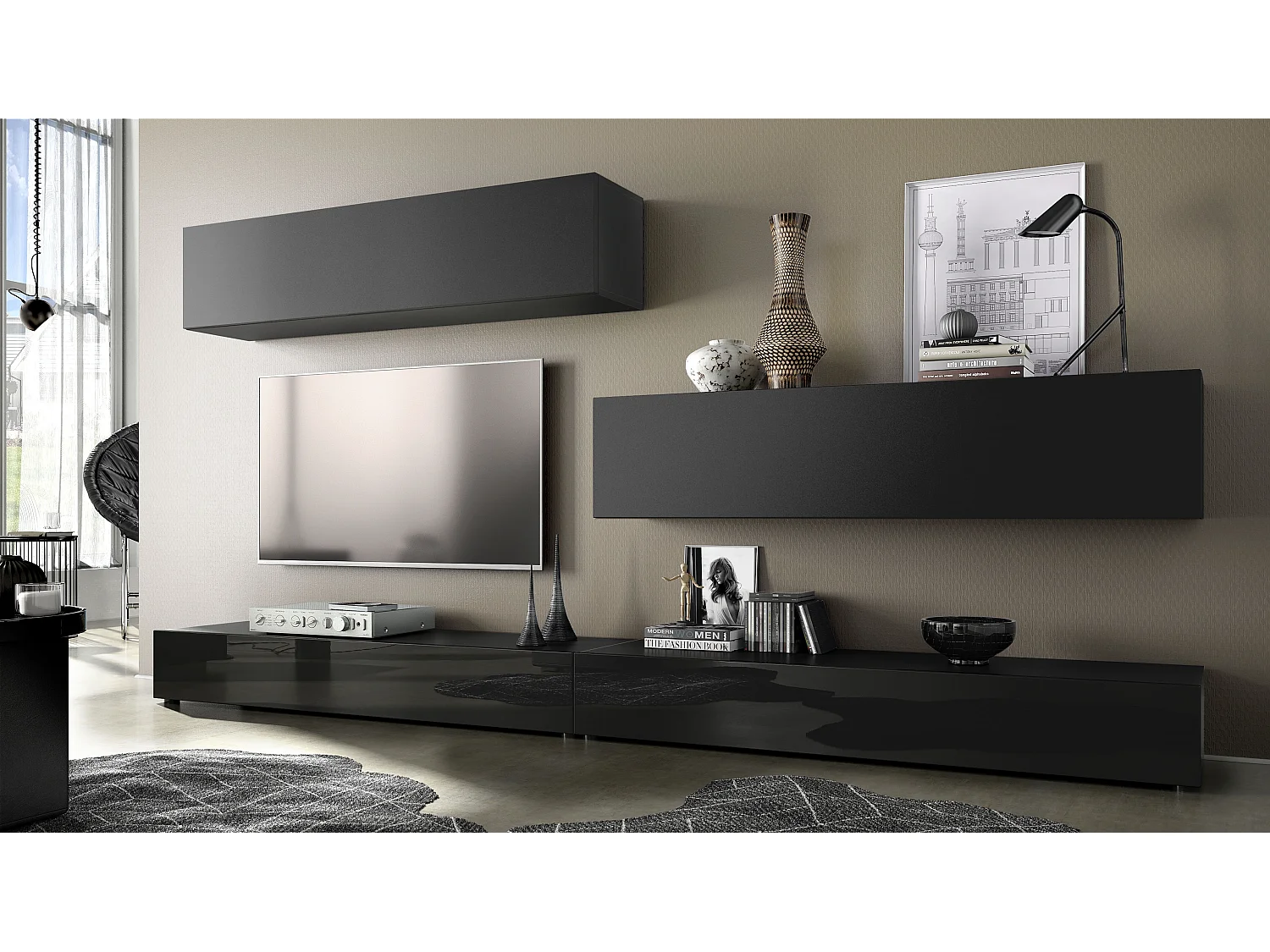 Combinaison murale Armoire Nublo, Corps en Noir mat / Façades en Noir haute brillance et Noir mat