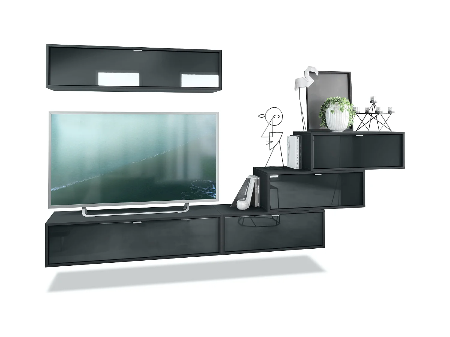 Unité murale Lana V1 composée de 5 unités murales à 12 compartiments, caisson en Noir mat, façades en Noir haute brillance | Grand choix de couleurs