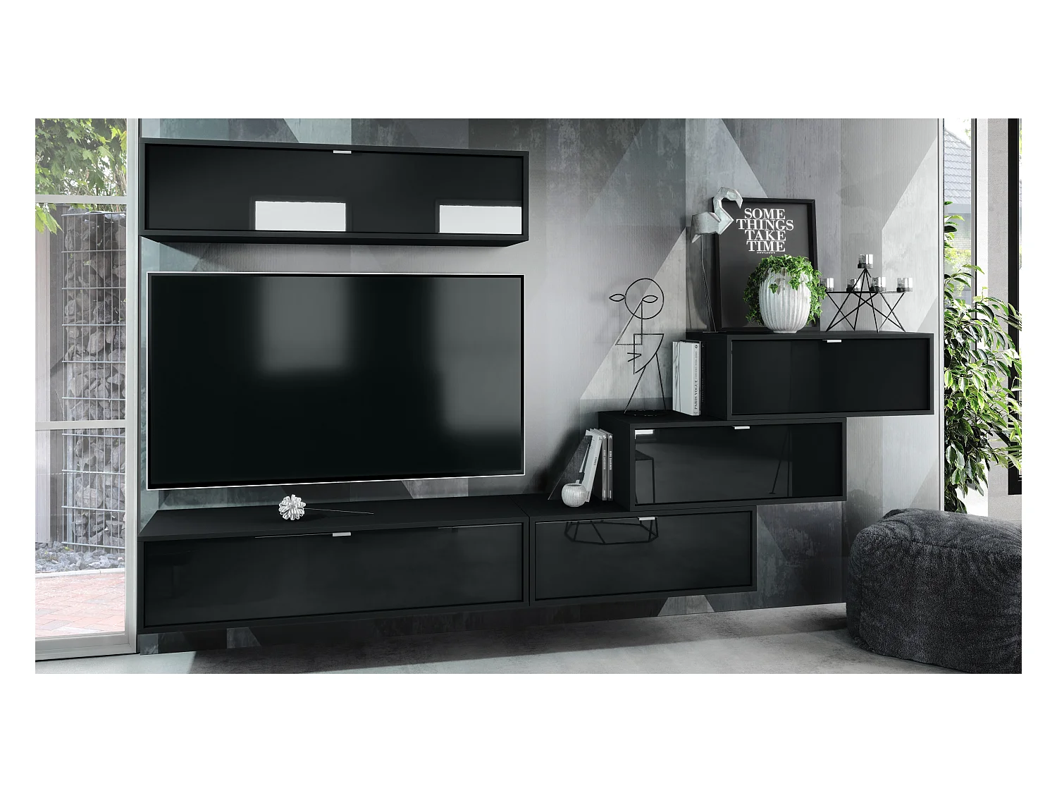 Unité murale Lana V1 composée de 5 unités murales à 12 compartiments, caisson en Noir mat, façades en Noir haute brillance | Grand choix de couleurs