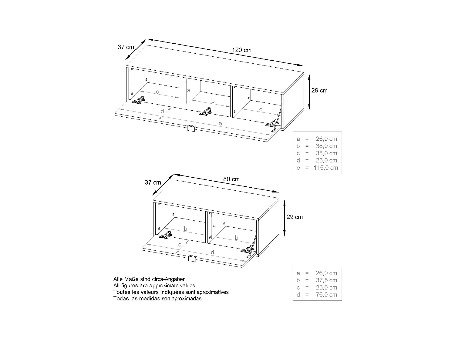 Unité murale Lana V1 composée de 5 unités murales à 12 compartiments, caisson en Noir mat, façades en Noir haute brillance | Grand choix de couleurs