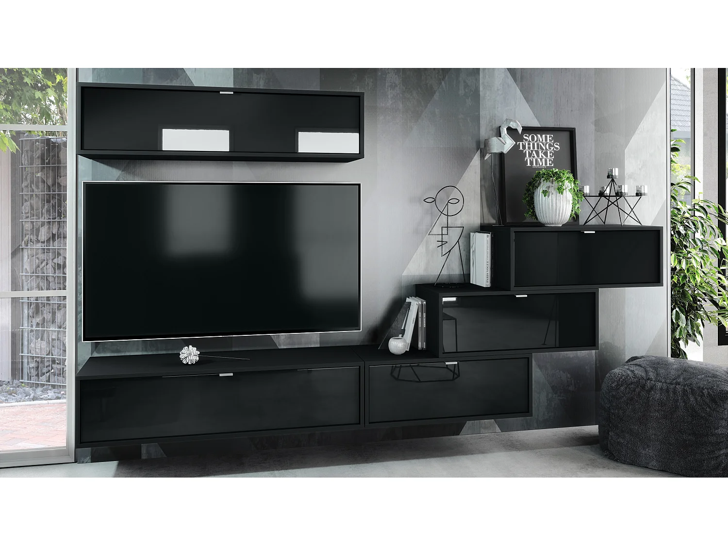 Unité murale Lana V1 composée de 5 unités murales à 12 compartiments, caisson en Noir mat, façades en Noir haute brillance | Grand choix de couleurs