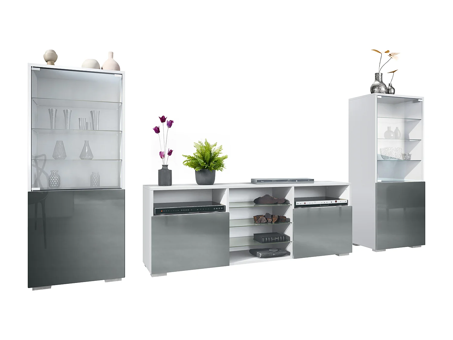 Ensemble mural Granada pour salon, comprenant 2 vitrines et 1 meuble TV, blanc mat/gris haute brillance (286 x 122,5 x 35 cm)