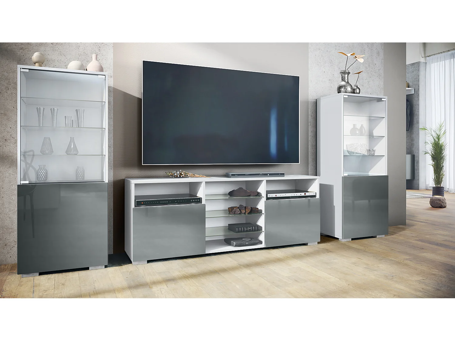 Ensemble mural Granada pour salon, comprenant 2 vitrines et 1 meuble TV, blanc mat/gris haute brillance (286 x 122,5 x 35 cm)