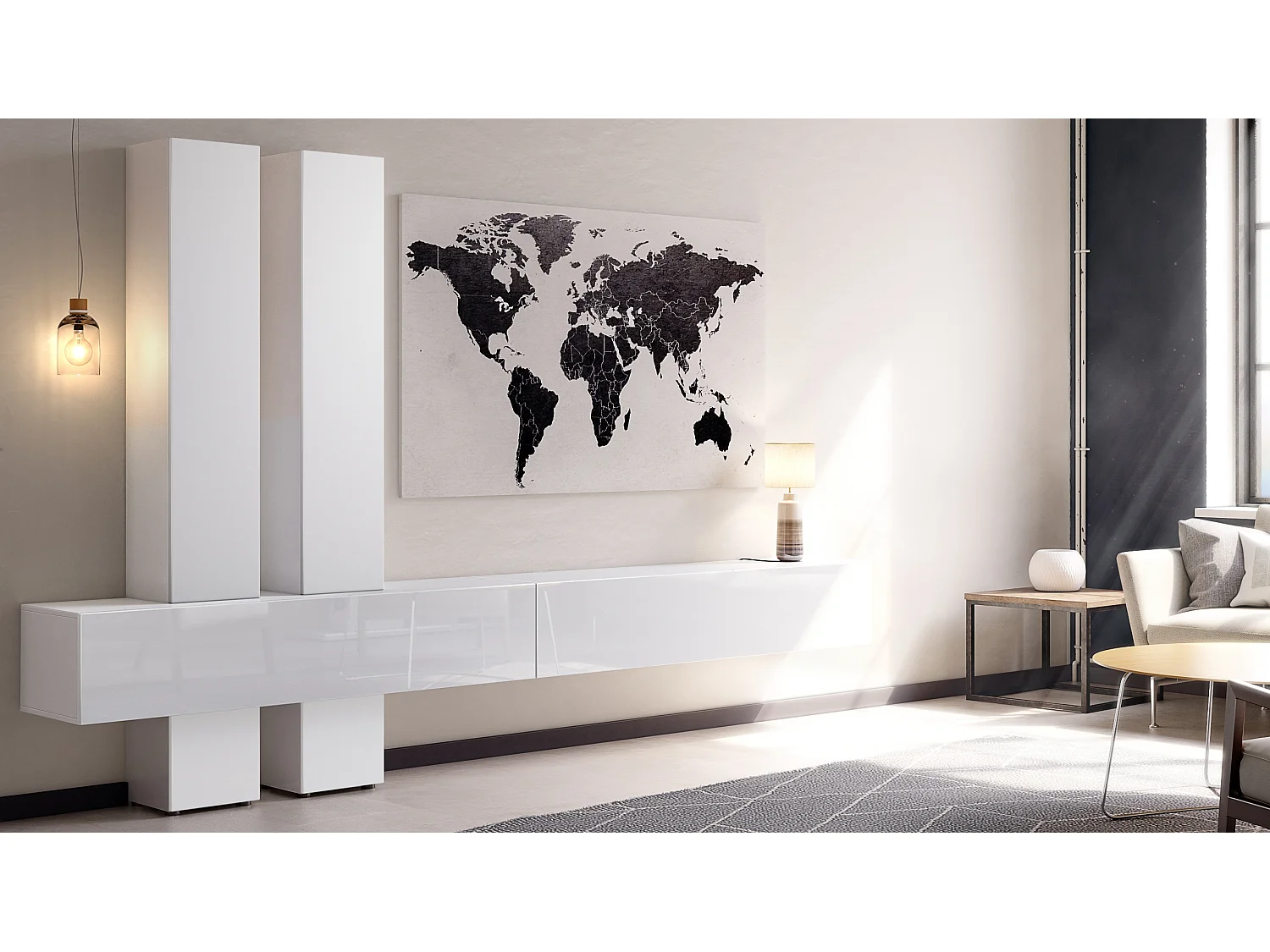 Parete attrezzata Vladon Moja - Bianco opaco & Bianco/bianco opaco - Parete attrezzata moderna per il soggiorno (LxHxP) 330 x 204 x 39 cm