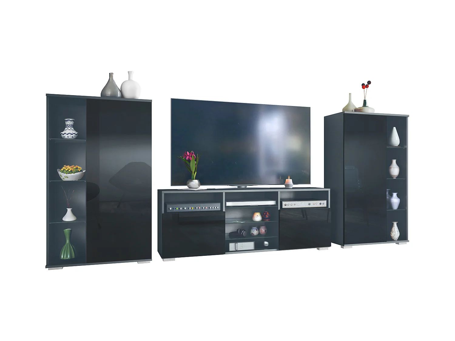 Ensemble mural Davos pour salon, comprenant 2 vitrines et 1 meuble TV, anthracite mat/noir haute brillance (329 x 134 x 35 cm)