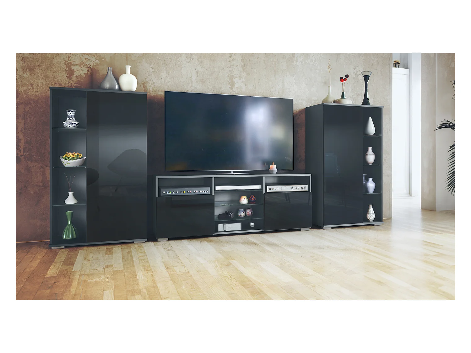 Ensemble mural Davos pour salon, comprenant 2 vitrines et 1 meuble TV, anthracite mat/noir haute brillance (329 x 134 x 35 cm)
