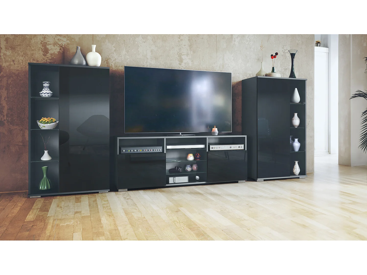 Ensemble mural Davos pour salon, comprenant 2 vitrines et 1 meuble TV, anthracite mat/noir haute brillance (329 x 134 x 35 cm)