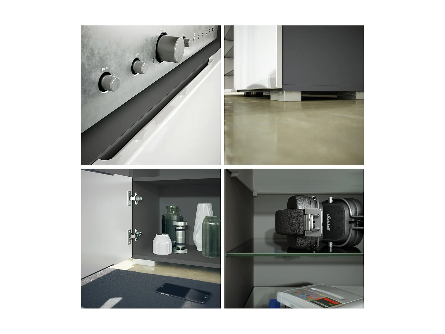 Ensemble mural Davos pour salon, comprenant 2 vitrines et 1 meuble TV, anthracite mat/noir haute brillance (329 x 134 x 35 cm)