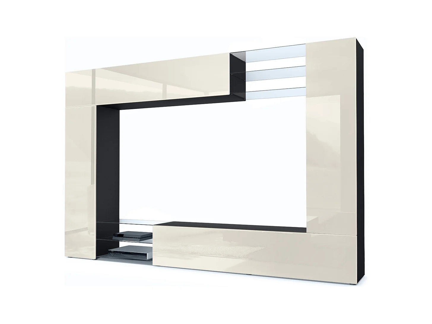 Meuble TV mural Mirage, Ensemble étagère TV avec panneau arrière et 2 portes, 2 clapets et 6 étagères en verre, Noir mat/Crème brillant (262 x 183 x 39 cm)