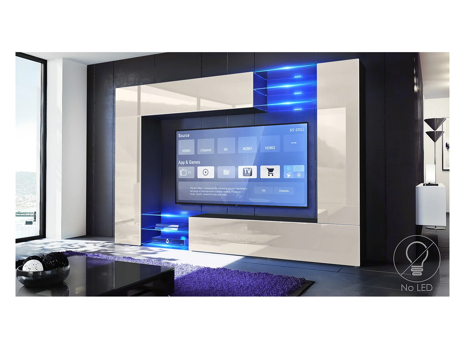 Meuble TV mural Mirage, Ensemble étagère TV avec panneau arrière et 2 portes, 2 clapets et 6 étagères en verre, Noir mat/Crème brillant (262 x 183 x 39 cm)