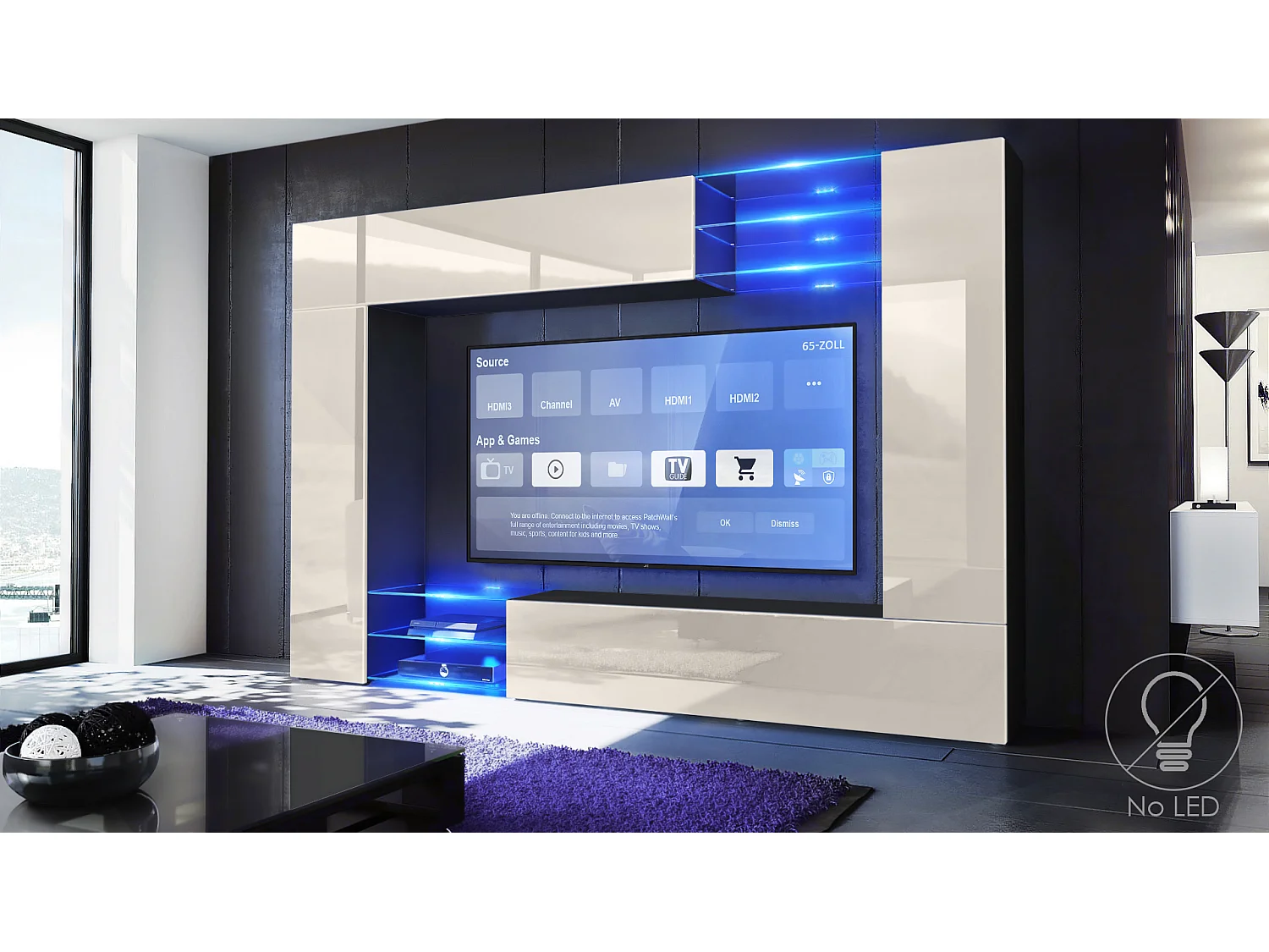 Meuble TV mural Mirage, Ensemble étagère TV avec panneau arrière et 2 portes, 2 clapets et 6 étagères en verre, Noir mat/Crème brillant (262 x 183 x 39 cm)