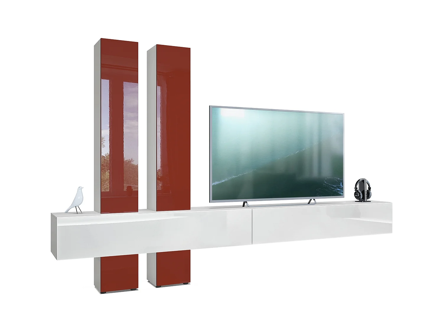 Meuble-paroi Moja de  - Blanc mat & blanc/bordeaux haute brillance - Meuble-paroi moderne pour votre salon (LxHxP) 330 x 204 x 39 cm