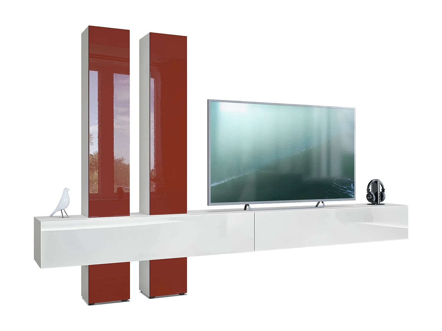 Meuble-paroi Moja de  - Blanc mat & blanc/bordeaux haute brillance - Meuble-paroi moderne pour votre salon (LxHxP) 330 x 204 x 39 cm