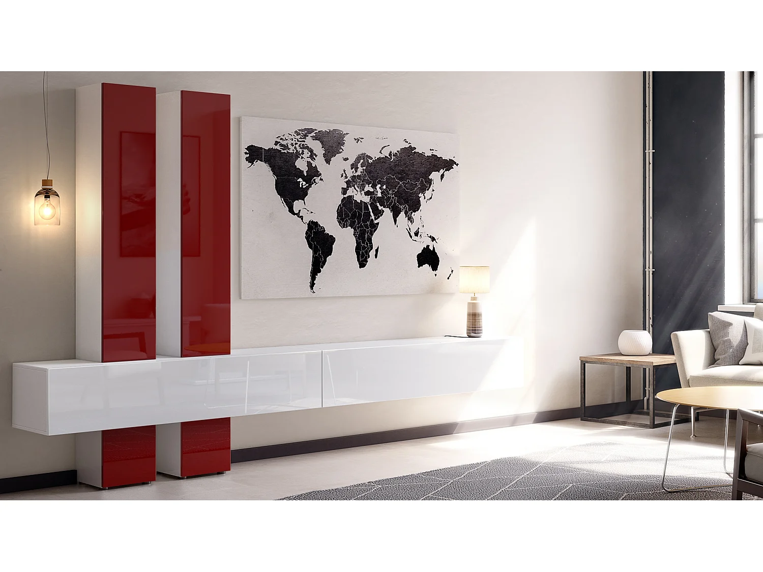 Meuble-paroi Moja de  - Blanc mat & blanc/bordeaux haute brillance - Meuble-paroi moderne pour votre salon (LxHxP) 330 x 204 x 39 cm