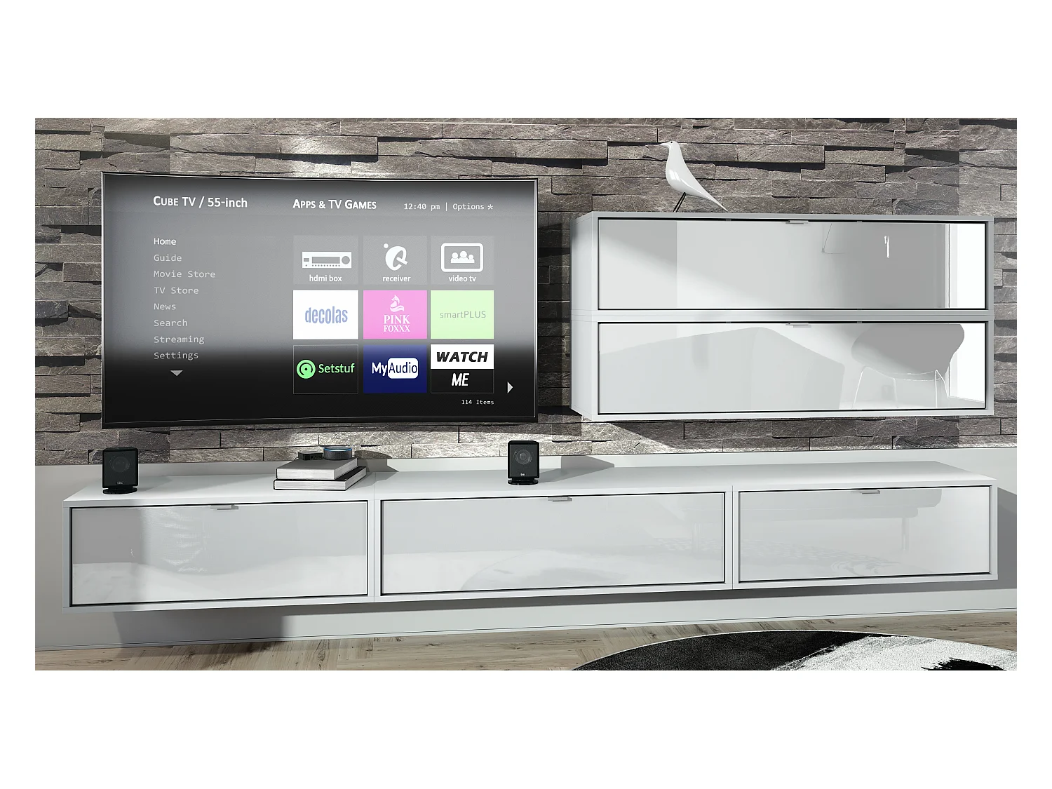 Unité murale Lana V2 composée de 5 unités murales à 12 compartiments, caisson en Blanc mat, façades en Blanc haute brillance