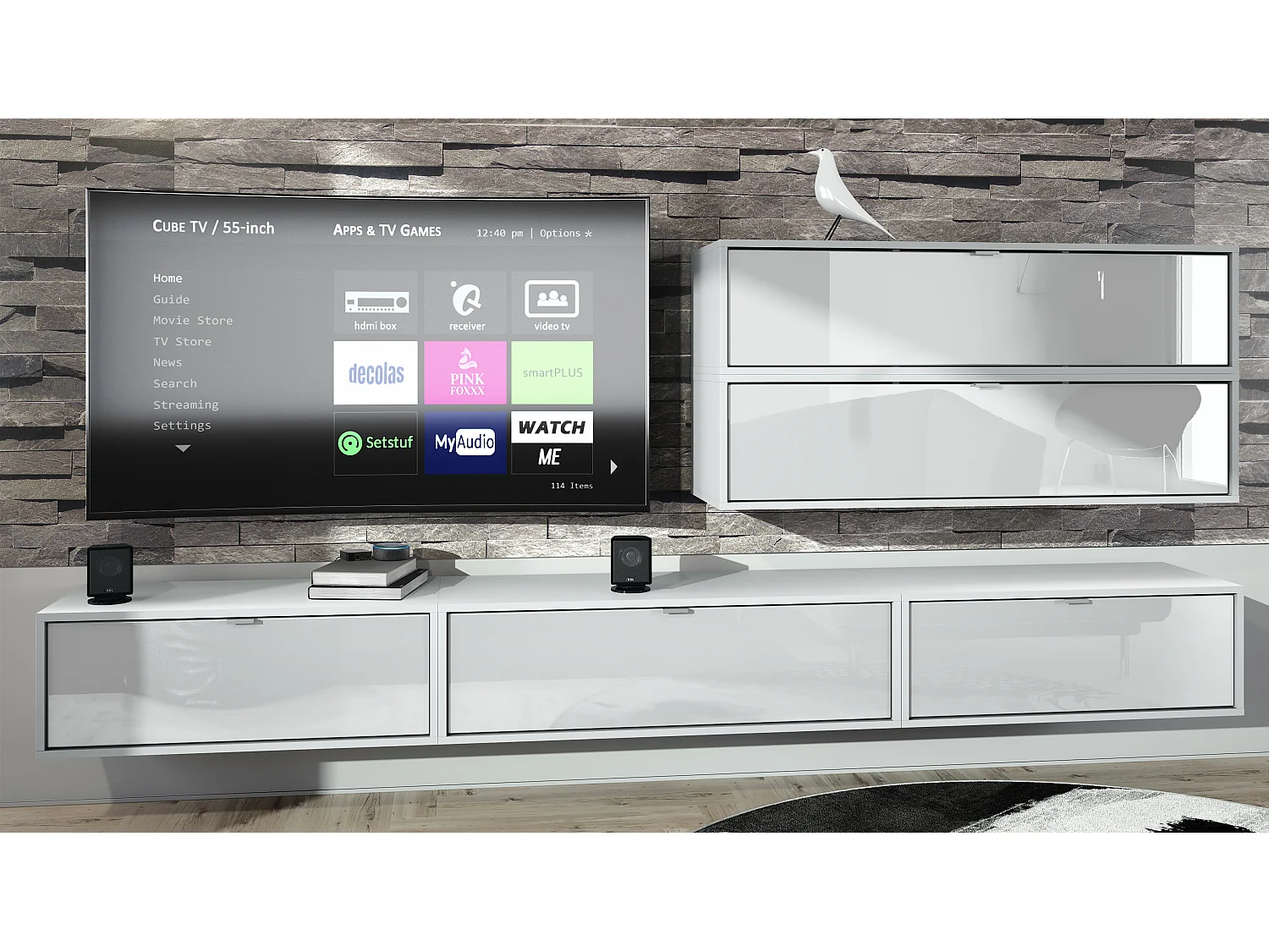 Unité murale Lana V2 composée de 5 unités murales à 12 compartiments, caisson en Blanc mat, façades en Blanc haute brillance