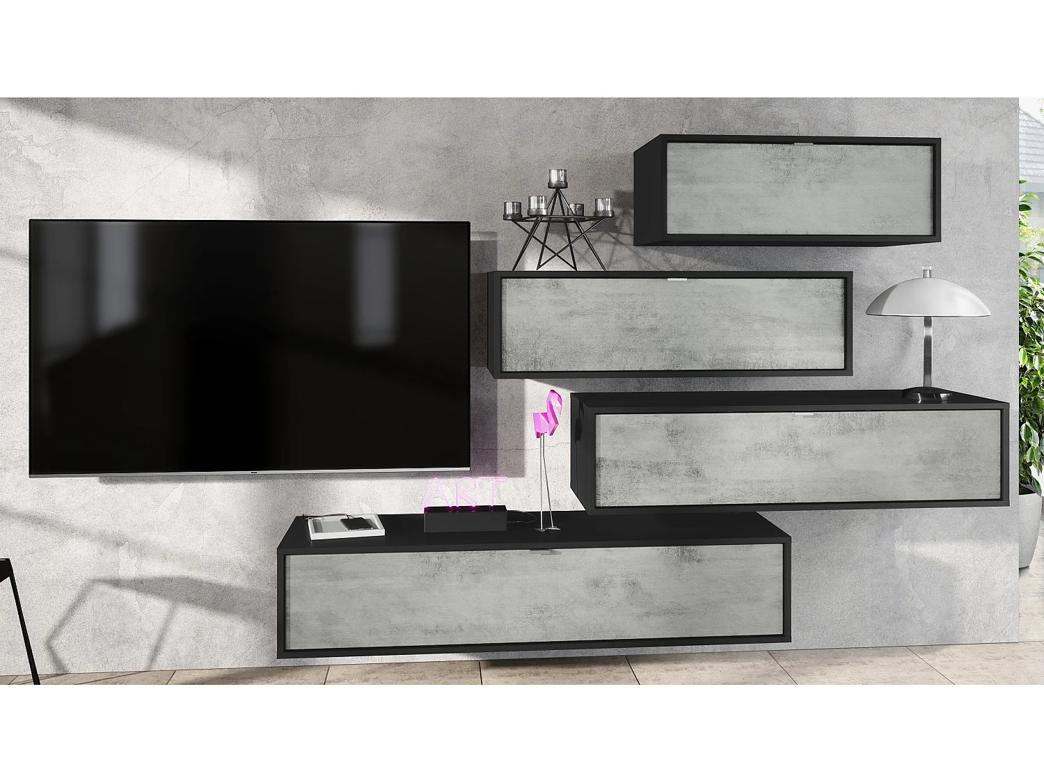 Parete attrezzata Lana V3 Centro di intrattenimento a 4 elementi sospesi con 10 ripiani, struttura in nero opaco, frontali in grigio ossido.