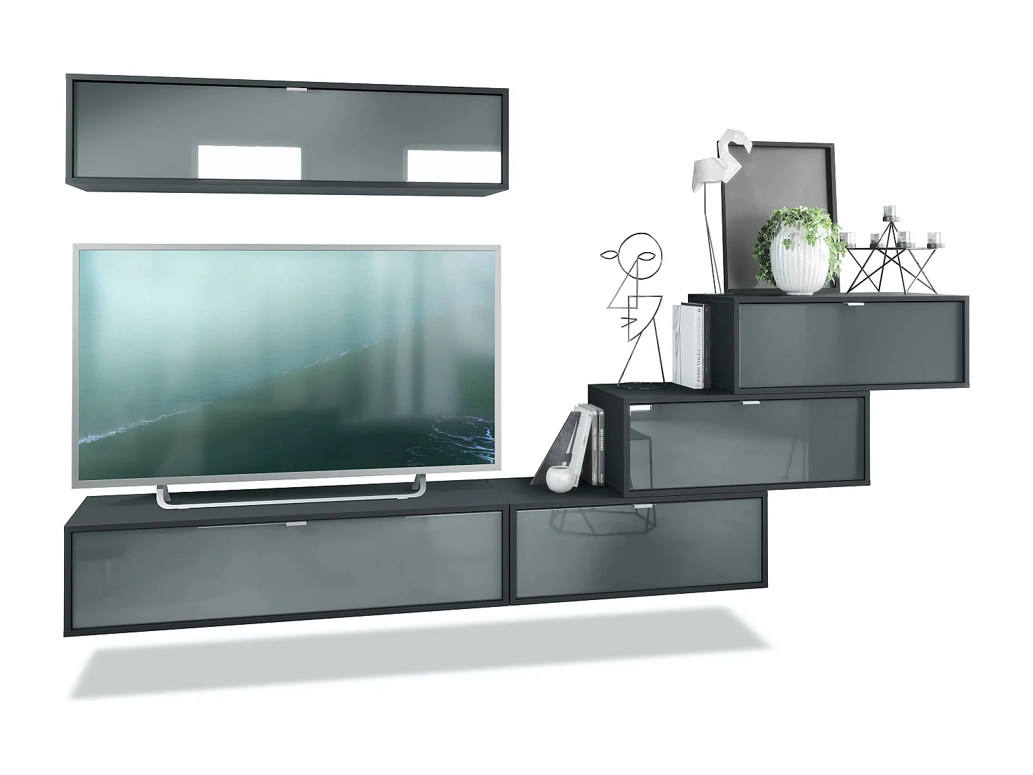 Unité murale Lana V1 composée de 5 unités murales à 12 compartiments, caisson en Noir mat, façades en Gris haute brillance | Grand choix de couleurs