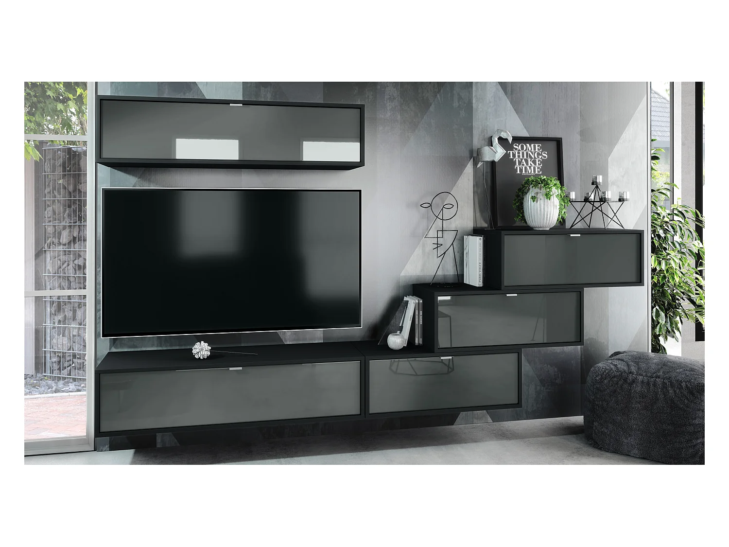 Unité murale Lana V1 composée de 5 unités murales à 12 compartiments, caisson en Noir mat, façades en Gris haute brillance | Grand choix de couleurs