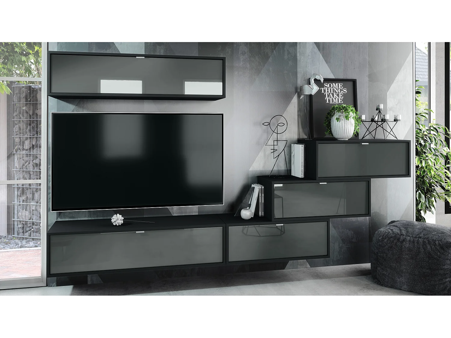 Unité murale Lana V1 composée de 5 unités murales à 12 compartiments, caisson en Noir mat, façades en Gris haute brillance | Grand choix de couleurs