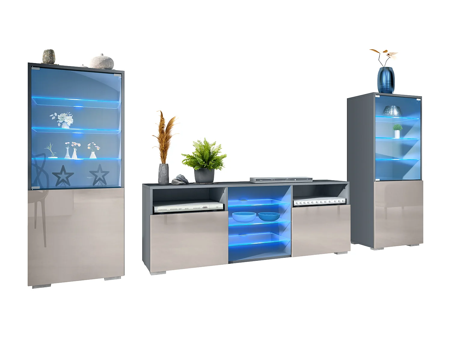 Ensemble mural Granada pour salon, comprenant 2 vitrines et 1 meuble TV, anthracite mat/gris sable haute brillance éclairage LED inclus (286 x 122,5 x 35 cm)